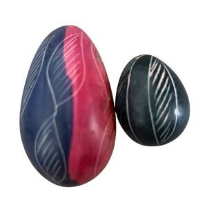 Vintage Hand Carved Soapstone Eggs Multicolored pink Blue Purple Easter Set of 2